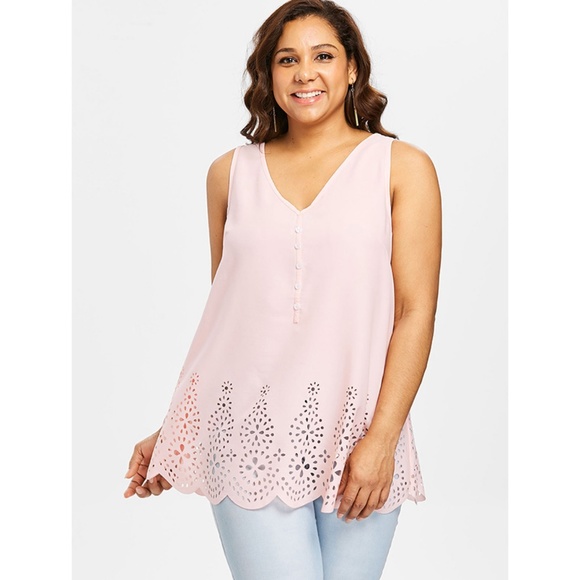 Plus Size Laser Cut V Neck Tank Top - Light Pink - Picture 2 of 7